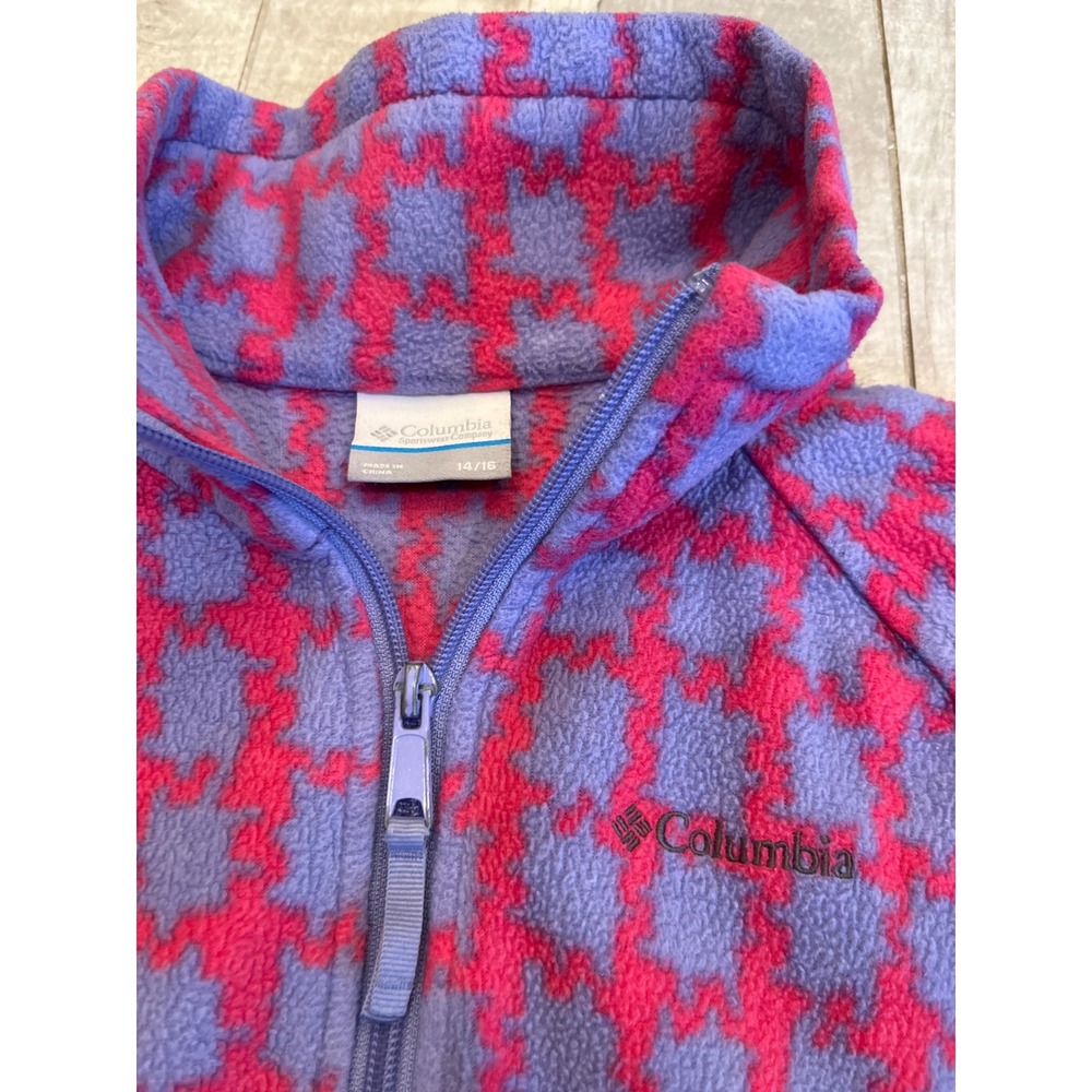 Columbia Girls Fleece Jacket Full Zip Purple Pink Houndstooth Size 14/16 XL